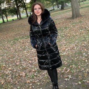 NEW Puffer Coat Black Vinyl Shiny Fox Fur Hood S L XL XXL Faux Down Jacket